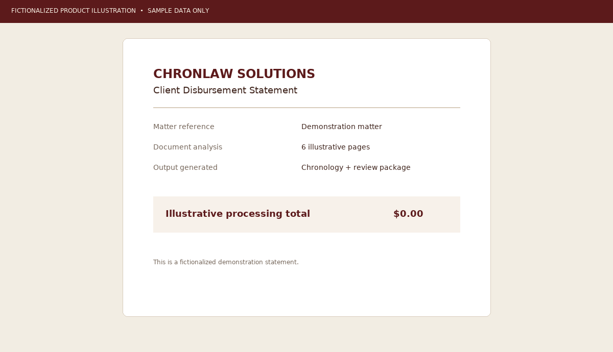 Fictionalized client disbursement statement showing analyzed pages and billable amount