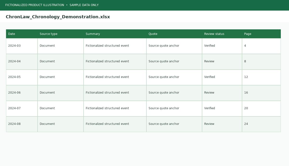 Fictionalized Excel chronology export with structured columns