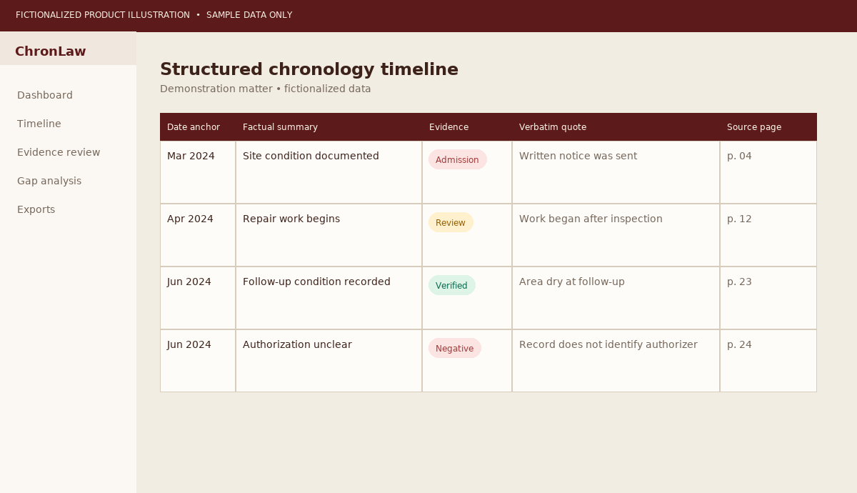 Fictionalized ChronLaw timeline results with dates, evidence labels, quotes, and source pages